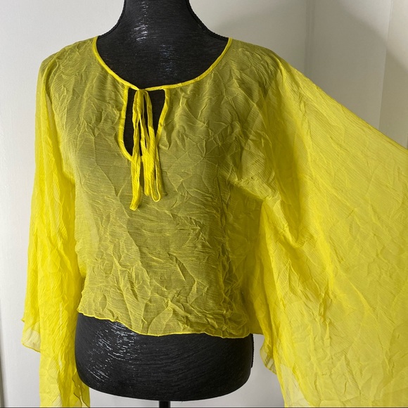 Yellow Silk Sheer Flare Sleeve Swim Coverup - Picture 5 of 13